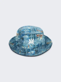 Amiri Bandana Aloha Silk Reversible Bucket Hat Teal