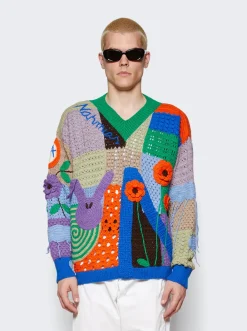 NAHMIAS California Poetry Crochet V-Neck Sweater Rainbow