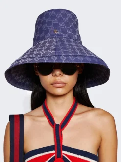 Gucci Canvas Gg Wide Brim Hat Blue