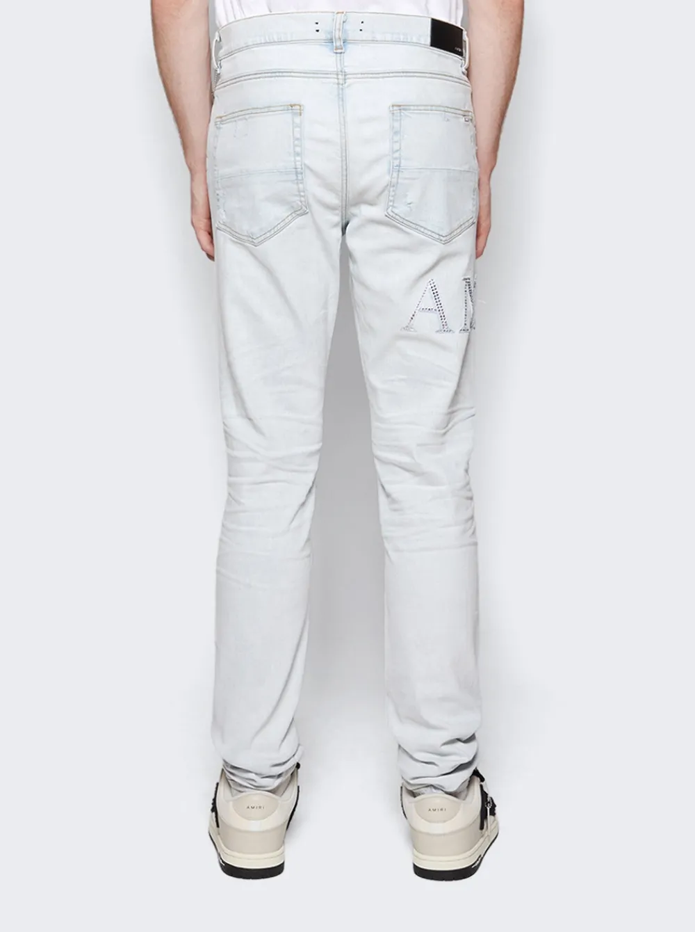 Amiri Crystal Logo Distressed Jeans Bleached Indigo
