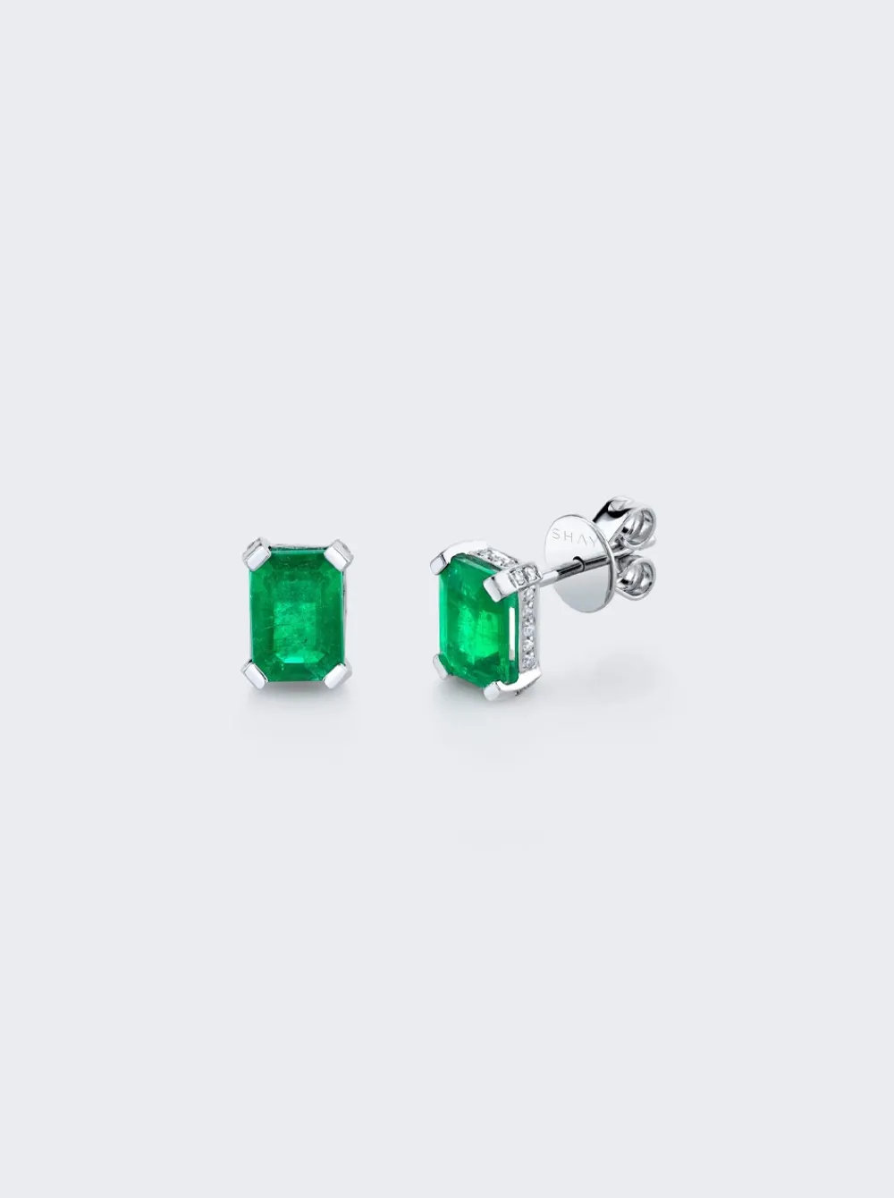 SHAY Emerald Rectangle Hidden Halo Stud Earrings 18K White Gold