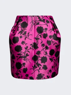 Versace Floral Print Pleated Duchesse Satin Mini Skirt Black And Waterlily
