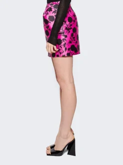Versace Floral Print Pleated Duchesse Satin Mini Skirt Black And Waterlily