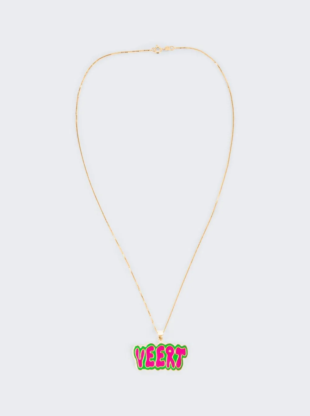 VEERT Green And Pink Retro Logo Pendant With Chain Yellow Gold