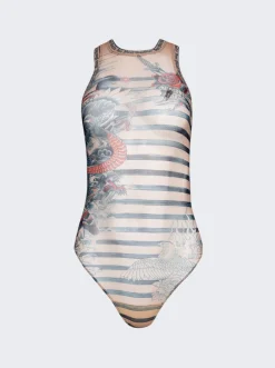 Jean Paul Gaultier Mariniere Tattoo Bodysuit Nude And Blue