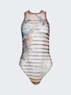 Jean Paul Gaultier Mariniere Tattoo Bodysuit Nude And Blue