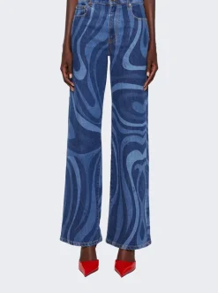 Pucci Marmo-Print Denim Wide Leg Jeans Blue