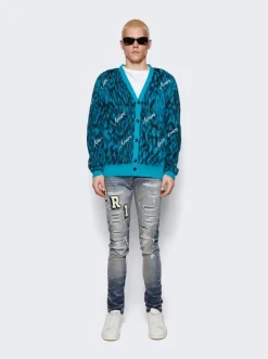 Amiri Mohair Cheetah Cardigan Aqua