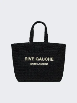 Saint Laurent Rive Gauche Supple Raffia Crochet Tote Black And Crema Soft