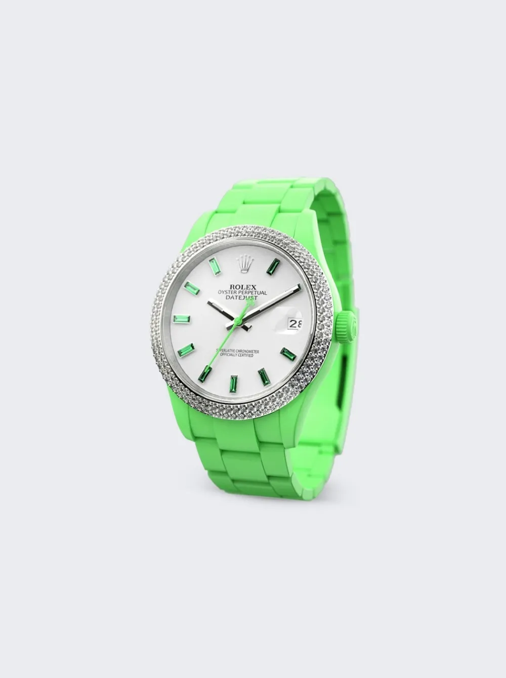 PRIVATE LABEL LONDON Rolex Datejust Double Row White Diamond Bezel Heat Treated Green Sapphire Hour Markers Oyster Bracelet