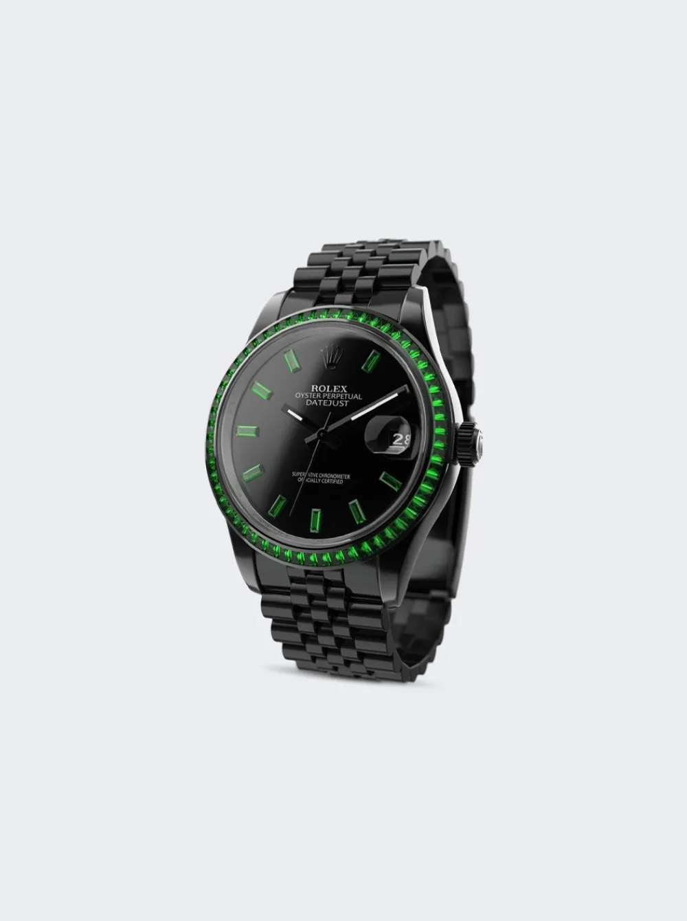 PRIVATE LABEL LONDON Rolex Datejust Heat Treated Green Sapphire Bezel Black Dial Sapphire Green Hour Markers Jubilee Bracelet