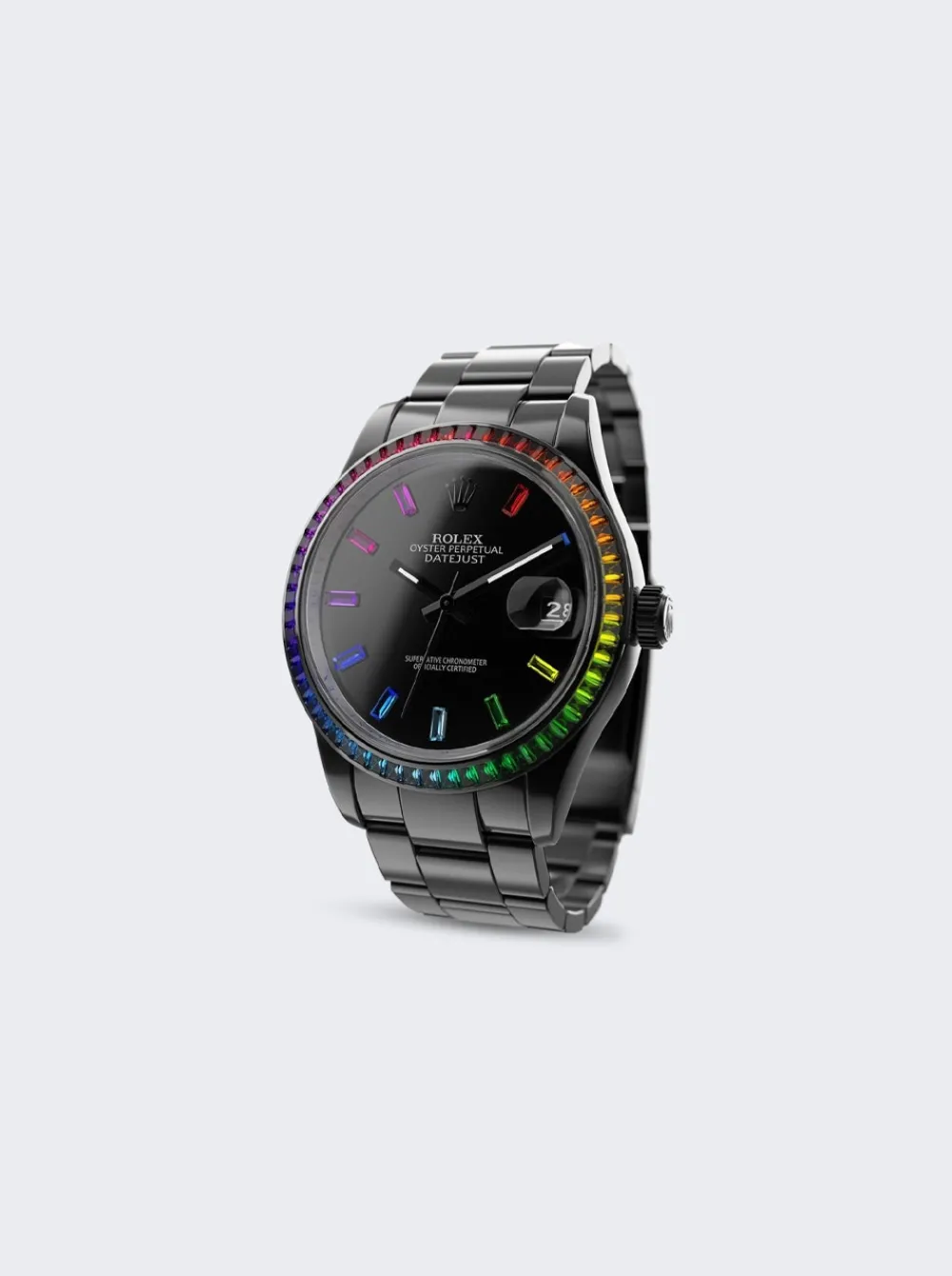 PRIVATE LABEL LONDON Rolex Datejust Heat Treated Rainbow Sapphire Bezel Black Dial Sapphire Multi Color Hour Markers Oyster Bracelet
