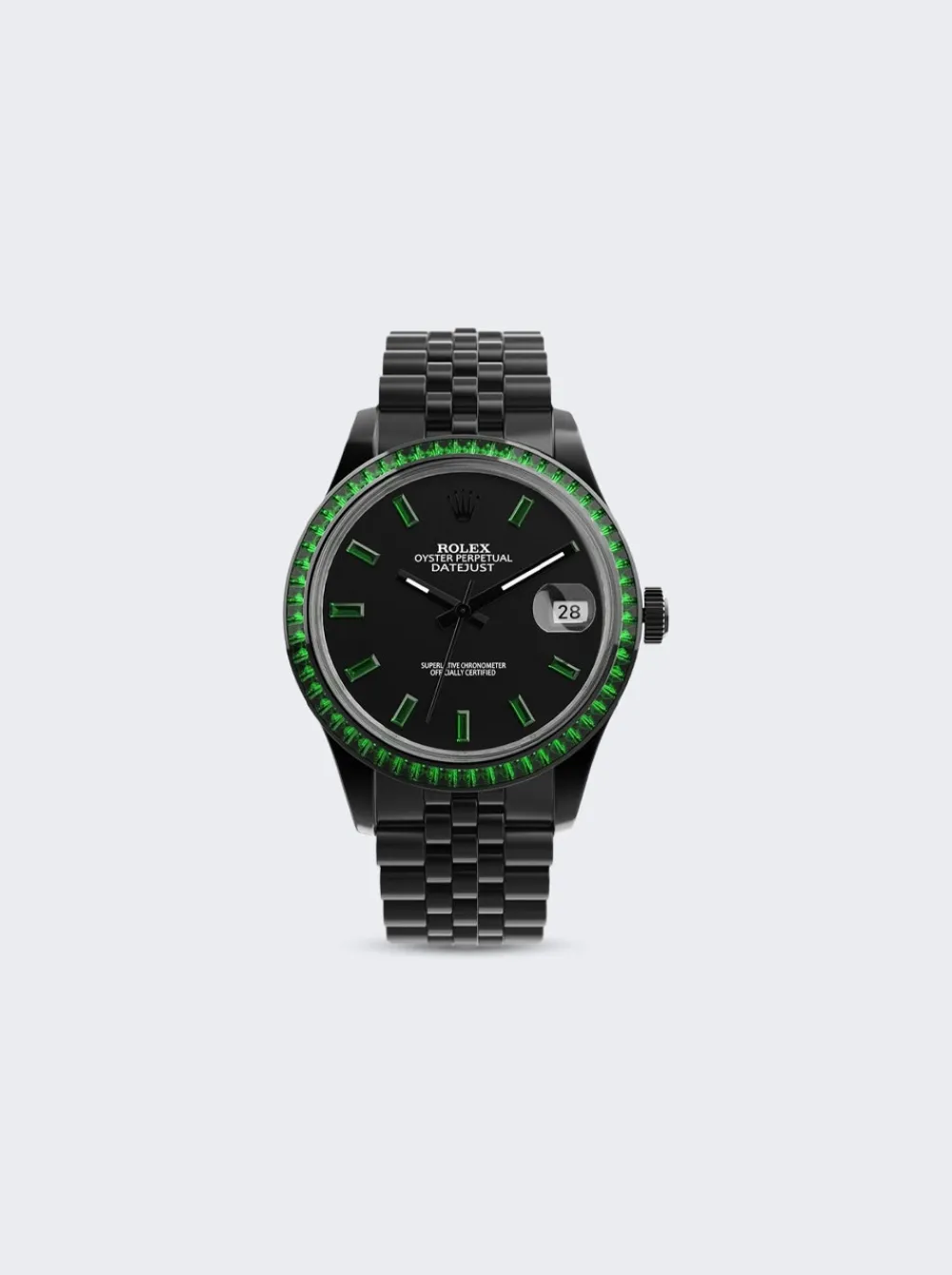 PRIVATE LABEL LONDON Rolex Datejust Heat Treated Green Sapphire Bezel Black Dial Sapphire Green Hour Markers Jubilee Bracelet