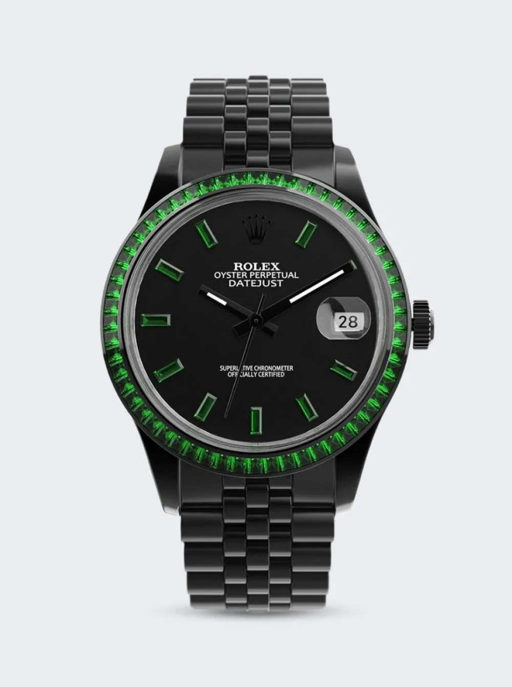 PRIVATE LABEL LONDON Rolex Datejust Heat Treated Green Sapphire Bezel Black Dial Sapphire Green Hour Markers Jubilee Bracelet
