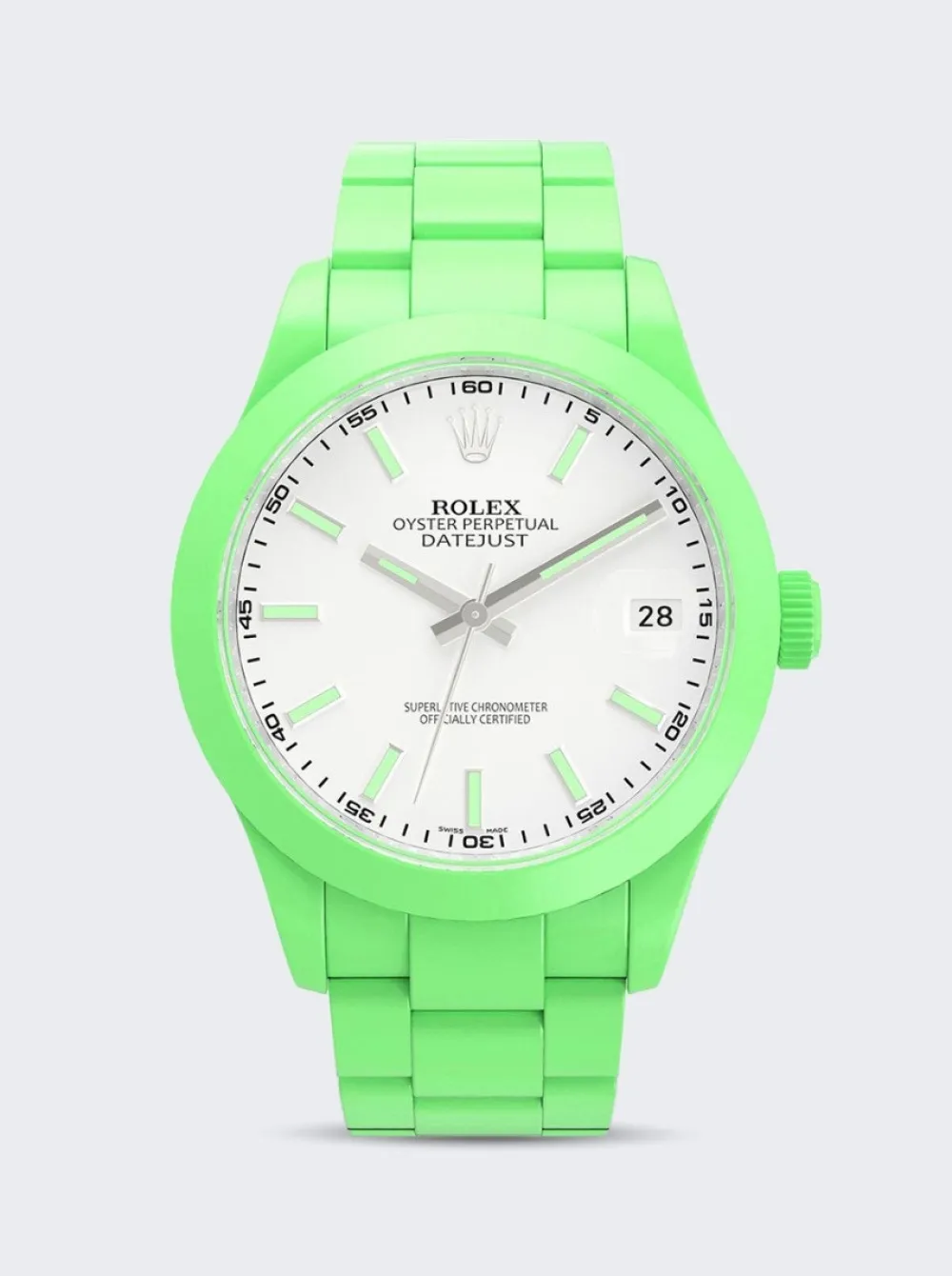 PRIVATE LABEL LONDON Rolex Datejust Smooth Ceramic Ccoated White Dial Oyster Bracelet Apple Green Hour Markers