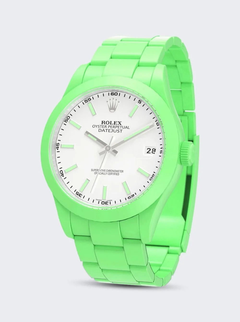 PRIVATE LABEL LONDON Rolex Datejust Smooth Ceramic Ccoated White Dial Oyster Bracelet Apple Green Hour Markers