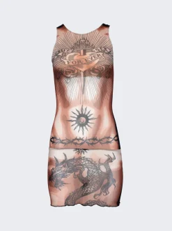Jean Paul Gaultier Tattoo Printed Sleeves Dress Nude And Black