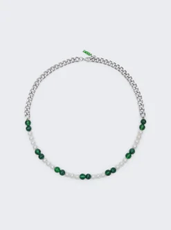 VEERT The Cuban Link Malachite, Green Onyx & Freshwater Pearl Necklace