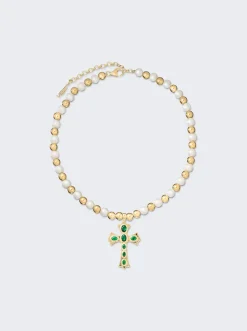 VEERT The Green Cross Freshwater Pearl Necklace Yellow Gold
