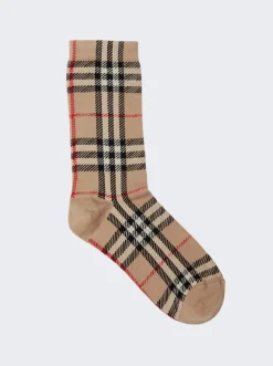 BURBERRY Vintage Check Intarsia Cotton Cashmere Blend Socks Archive Beige